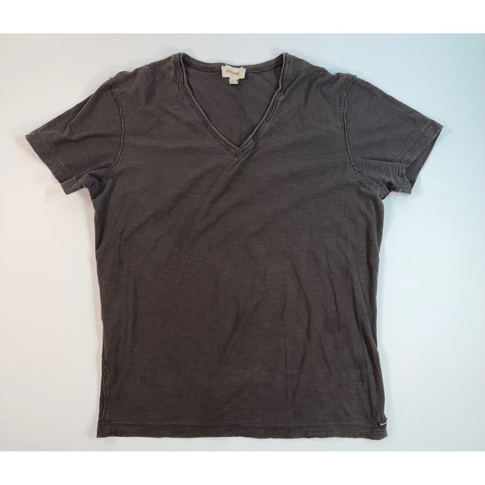 Diesel Mens V-Neck T-Shirt Faded Black Charcoal Slub Jersey Exposed Seams L